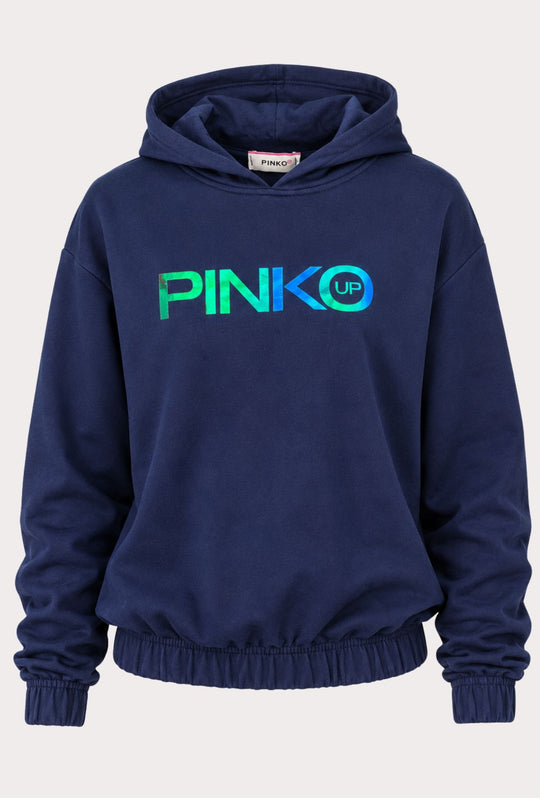 Felpa Donna Pinko Up con Cappuccio in Cotone  Logo Riflettente  Vestibilità Regular- BLU NAVY