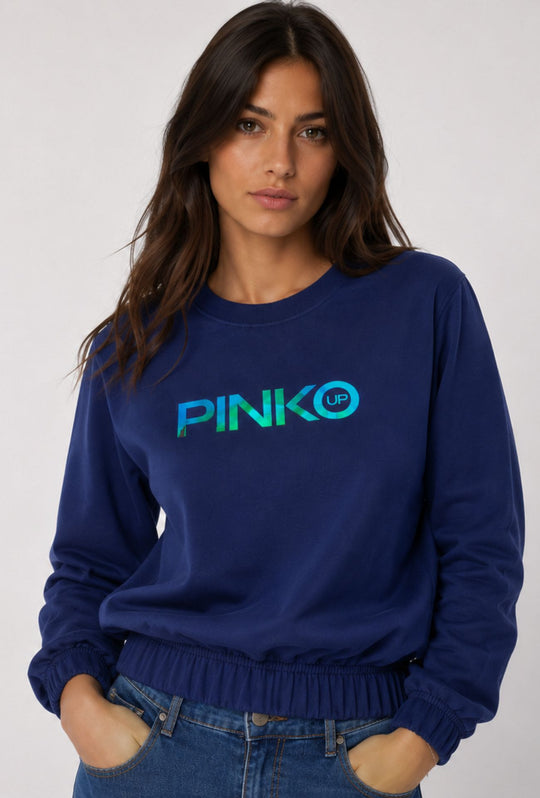 Felpa Donna Pinko Up  in Cotone Girocollo con Logo Riflettente Vestibilità Regular- BLU NAVY