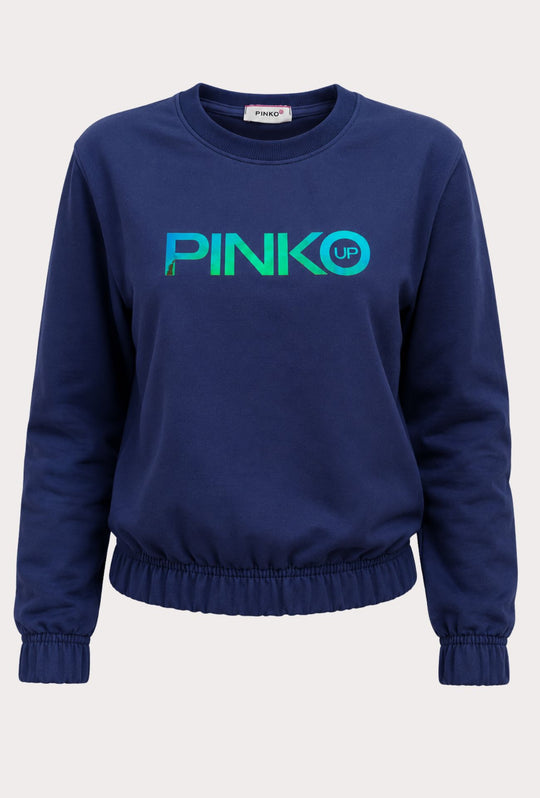 Felpa Donna Pinko Up  in Cotone Girocollo con Logo Riflettente Vestibilità Regular- BLU NAVY