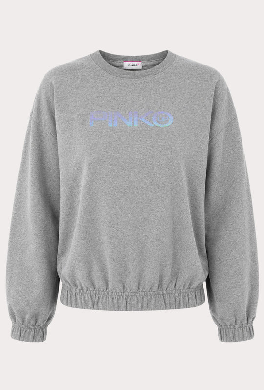 Felpa Donna Pinko Up  in Cotone Girocollo con Logo Riflettente Vestibilità Regular- GRIGIO