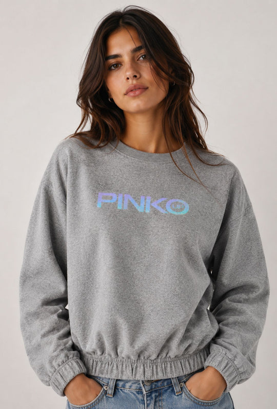 Felpa Donna Pinko Up  in Cotone Girocollo con Logo Riflettente Vestibilità Regular- GRIGIO