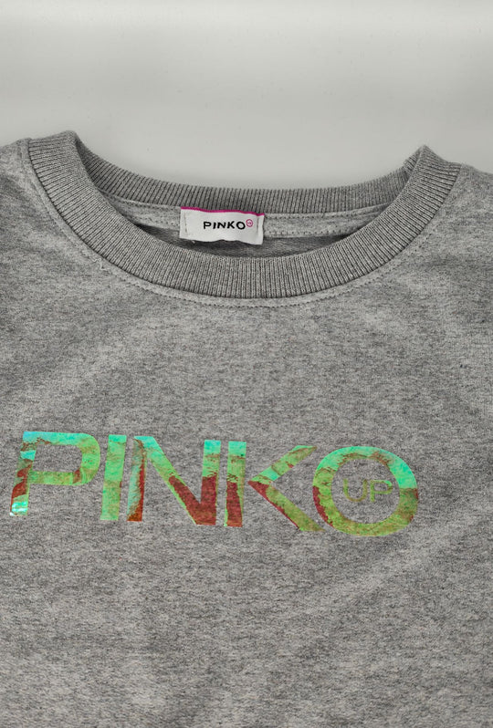 Felpa Donna Pinko Up  in Cotone Girocollo con Logo Riflettente Vestibilità Regular- GRIGIO