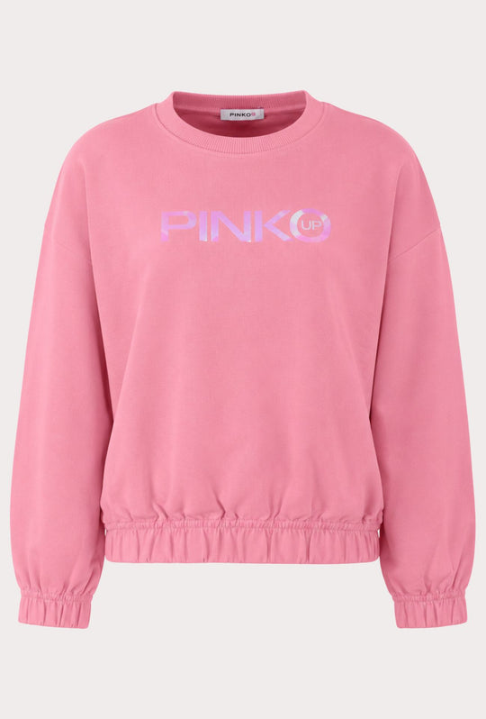 Felpa Donna Pinko Up  in Cotone Girocollo con Logo Riflettente Vestibilità Regular- ROSA