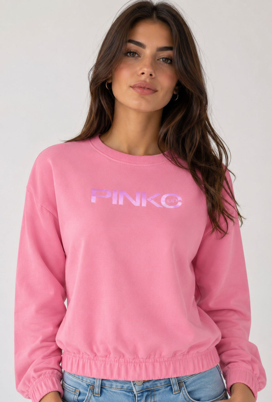 Felpa Donna Pinko Up  in Cotone Girocollo con Logo Riflettente Vestibilità Regular- ROSA