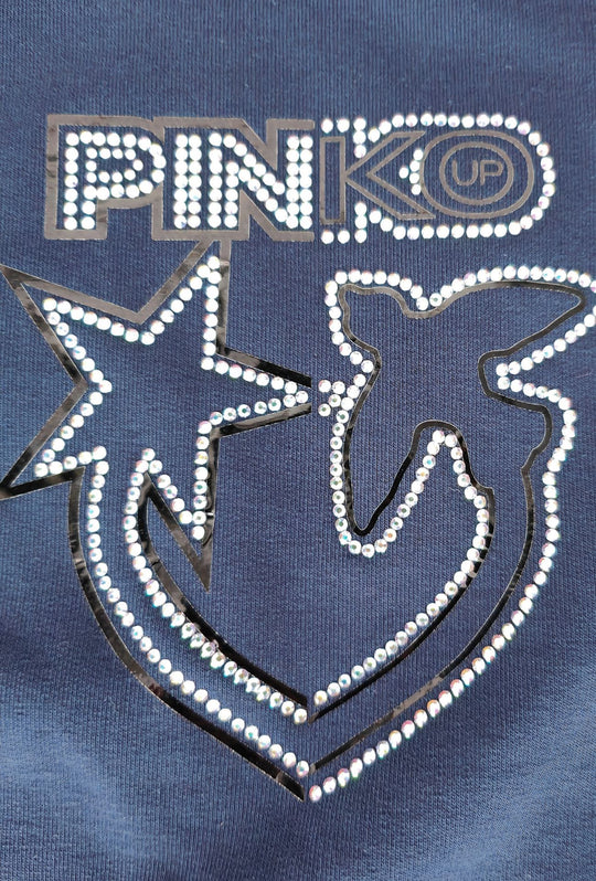 Felpa Donna PINKO UP in Cotone con Logo Strass e Stampa  Girocollo Vestibilità Regular-BLU NAVY