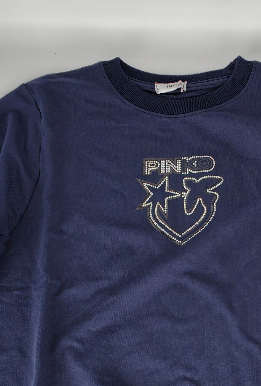 Felpa Donna PINKO UP in Cotone con Logo Strass e Stampa  Girocollo Vestibilità Regular-BLU NAVY
