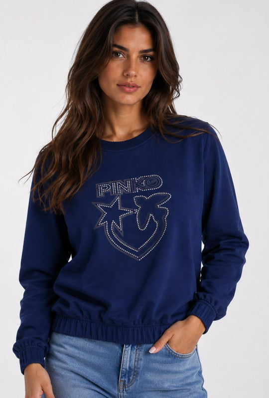 Felpa Donna PINKO UP in Cotone con Logo Strass e Stampa  Girocollo Vestibilità Regular-BLU NAVY