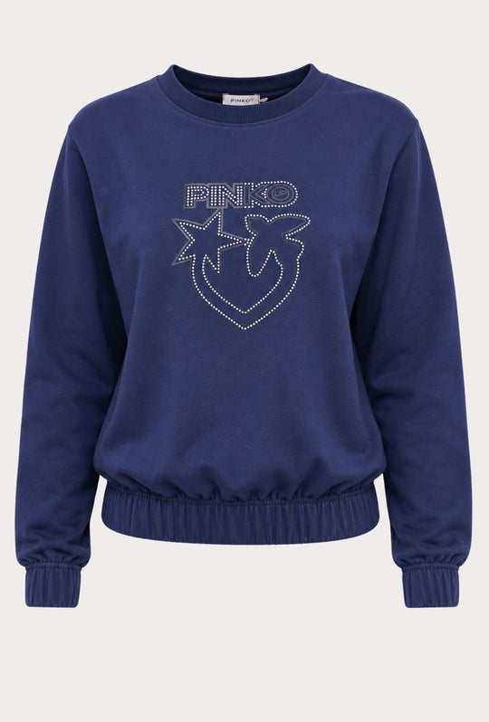 Felpa Donna PINKO UP in Cotone con Logo Strass e Stampa  Girocollo Vestibilità Regular-BLU NAVY