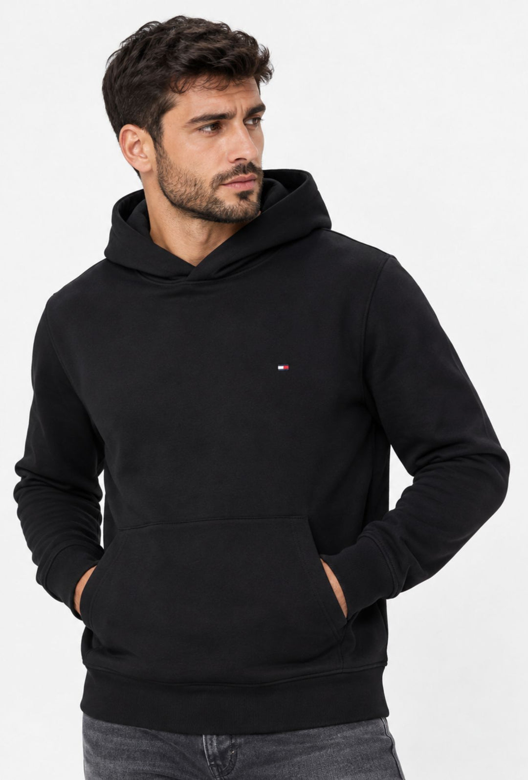 Felpa Uomo con cappuccio TOMMY HILFIGER in cotone felpato leggero Logo cucito lato cuore- NERO