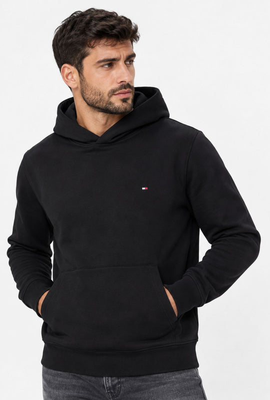 Felpa Uomo con cappuccio TOMMY HILFIGER in cotone felpato leggero Logo cucito lato cuore- NERO