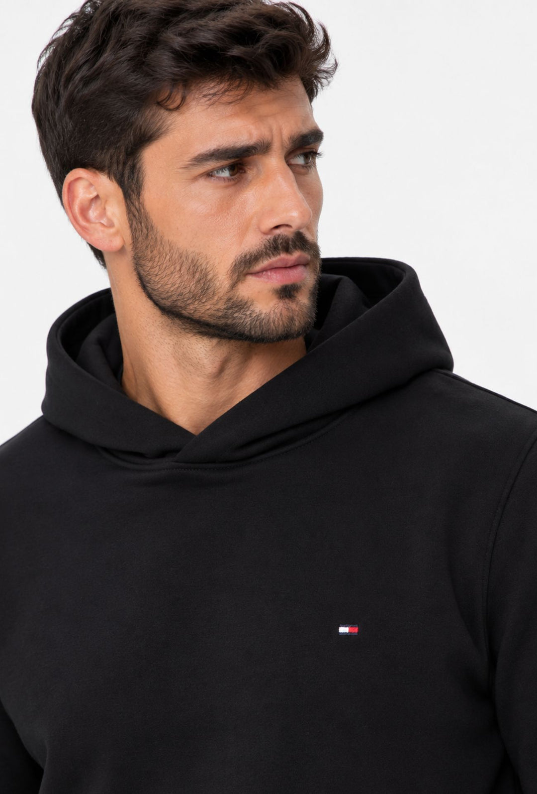Felpa Uomo con cappuccio TOMMY HILFIGER in cotone felpato leggero Logo cucito lato cuore- NERO