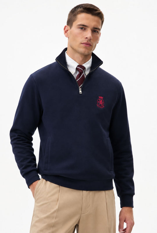 Felpa uomo in cotone Tommy Hilfiger con mezza zip e logo ricamato lato cuore- BLU NAVY