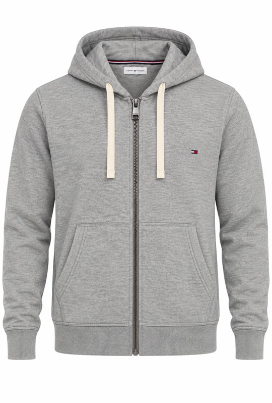 Felpa Uomo Full Zip con cappuccio TOMMY HILFIGER cotone felpato leggero- GRIGIO