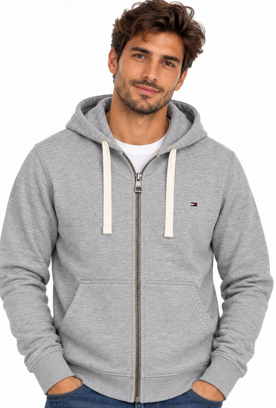 Felpa Uomo Full Zip con cappuccio TOMMY HILFIGER cotone felpato leggero- GRIGIO