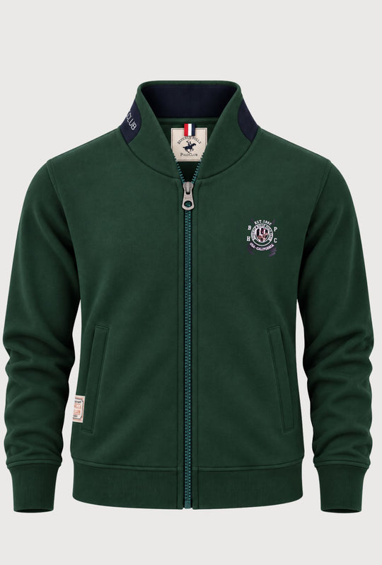 Felpa Uomo Full Zip Senza Cappuccio BEVERLY HILLS POLO CLUB Cotone felpato- VERDE BOSCO