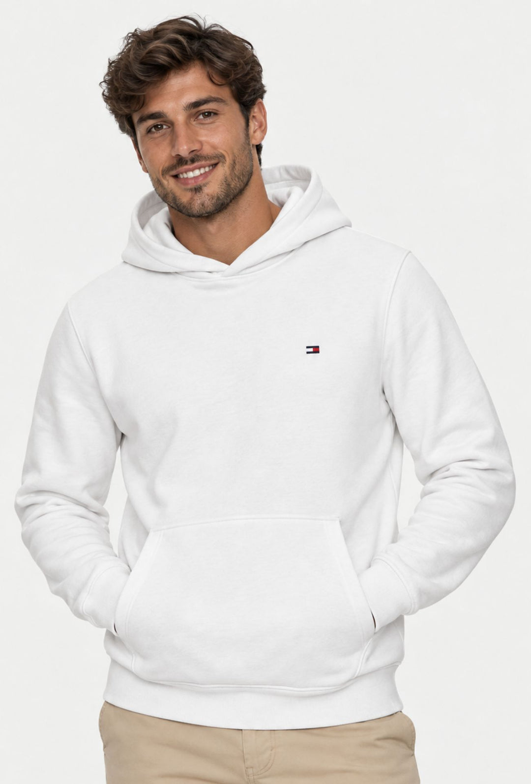 Felpa Uomo con cappuccio TOMMY HILFIGER in cotone felpato leggero Logo cucito lato cuore- BIANCO