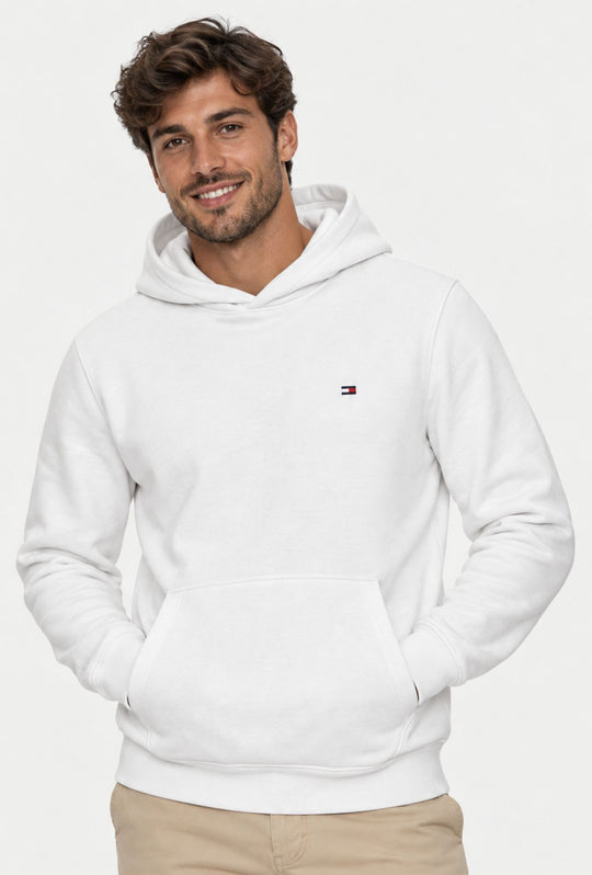 Felpa Uomo con cappuccio TOMMY HILFIGER in cotone felpato leggero Logo cucito lato cuore- BIANCO