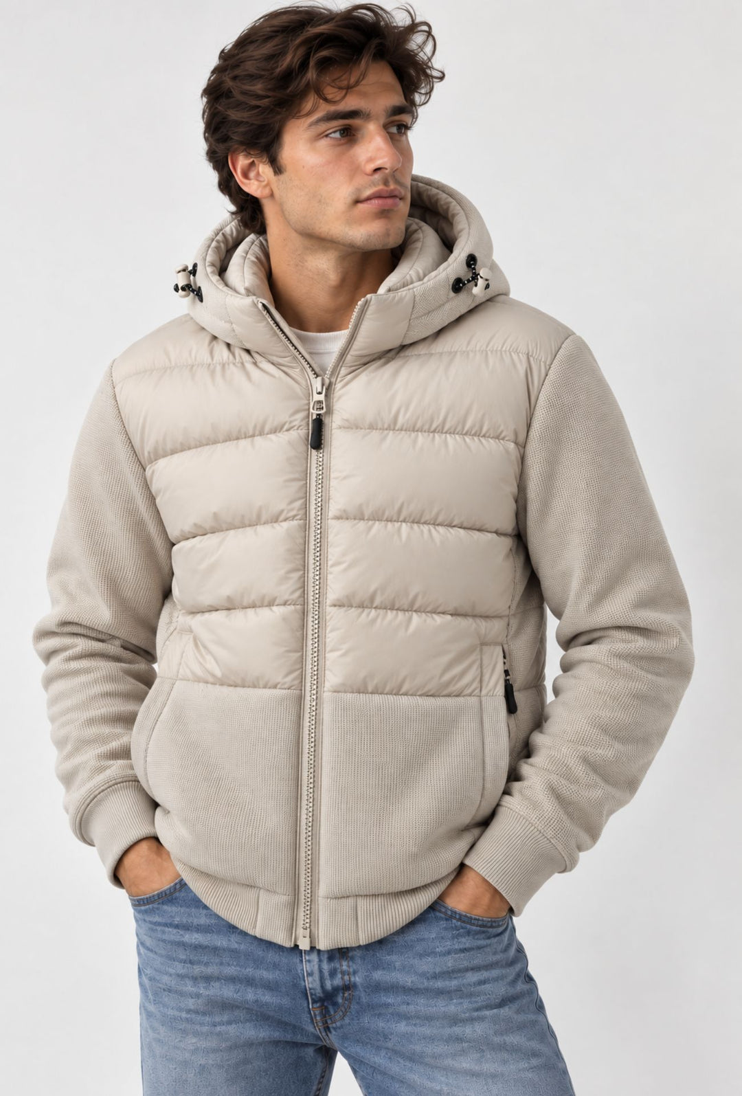 Giubbino Uomo DRESSERD con Cappuccio Smontabile e Inserti in Maglia- BEIGE CHIARO