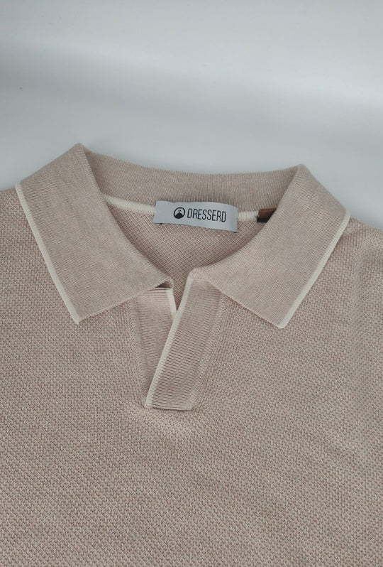 Polo Uomo DRESSERD Manica Lunga in Maglia a Trama Lavorata con Colletto e Riga Panna a Contrasto- SABBIA