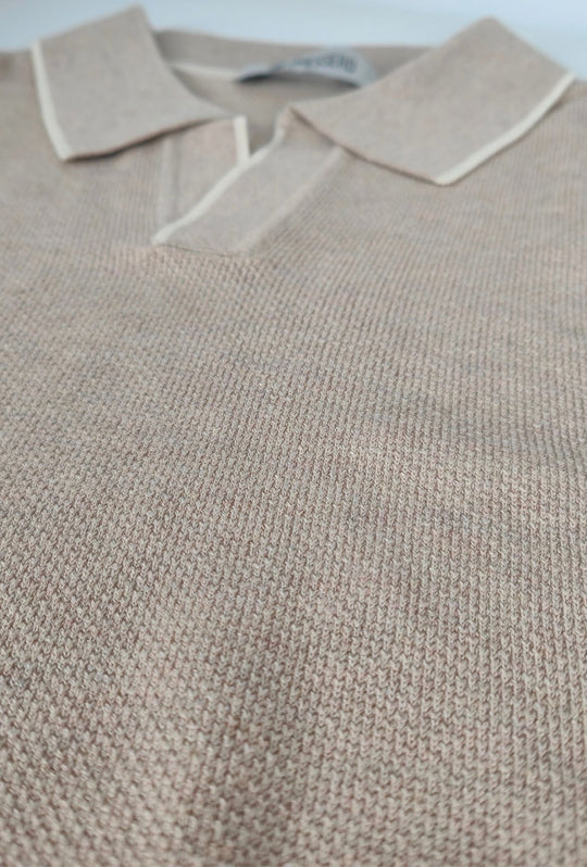 Polo Uomo DRESSERD Manica Lunga in Maglia a Trama Lavorata con Colletto e Riga Panna a Contrasto- SABBIA