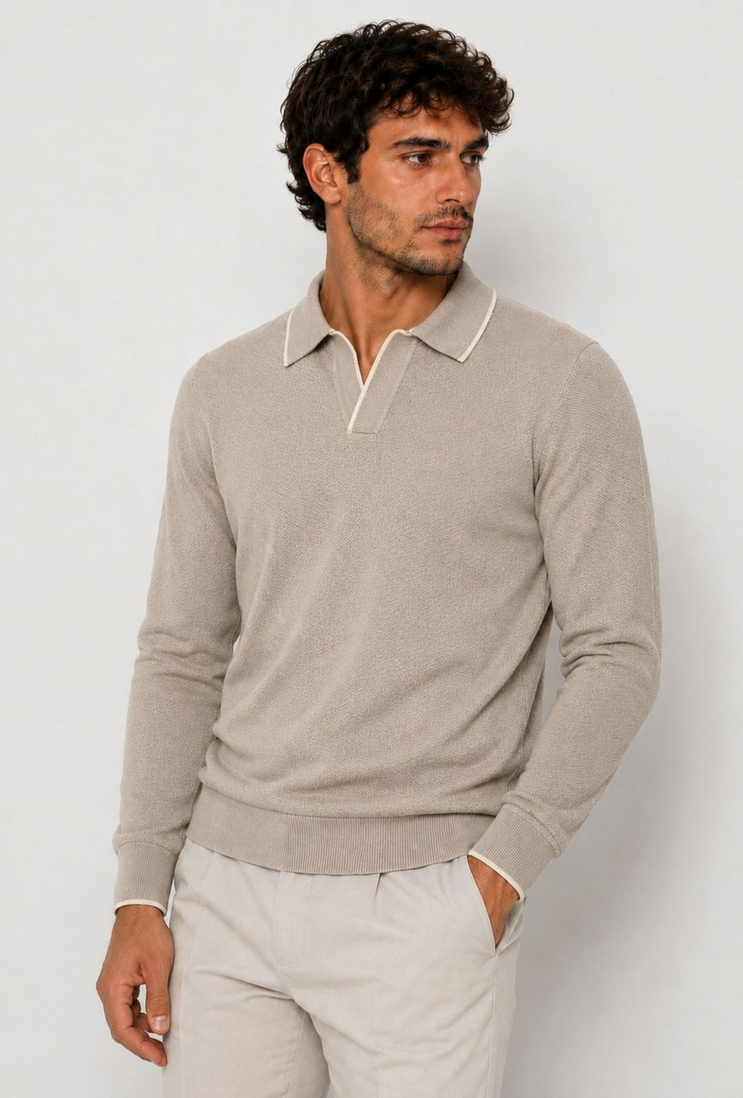Polo Uomo DRESSERD Manica Lunga in Maglia a Trama Lavorata con Colletto e Riga Panna a Contrasto- SABBIA