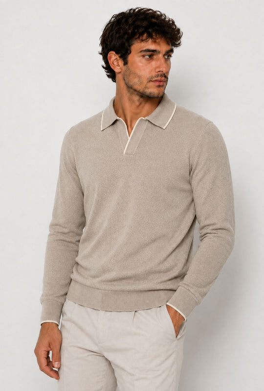 Polo Uomo DRESSERD Manica Lunga in Maglia a Trama Lavorata con Colletto e Riga Panna a Contrasto- SABBIA