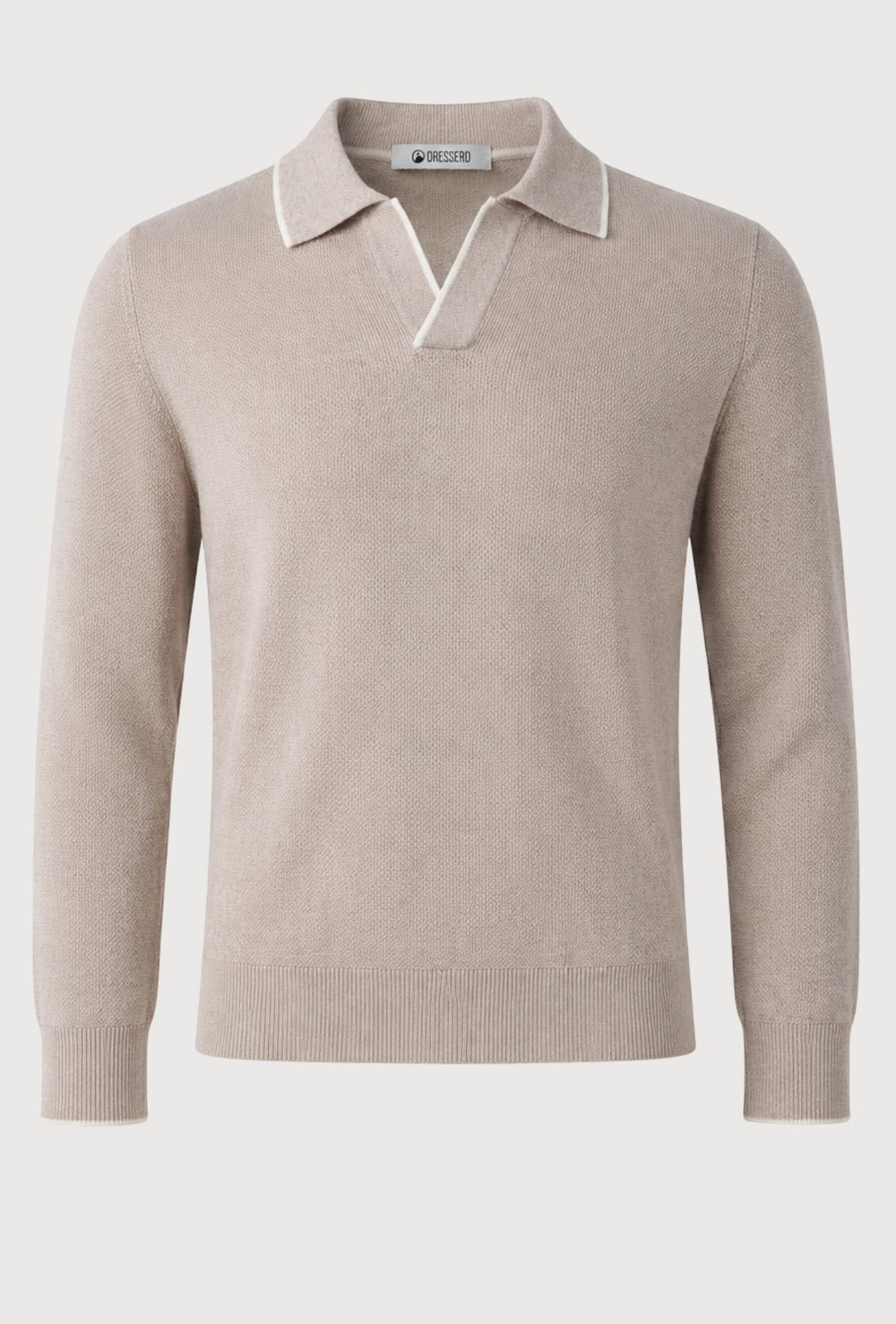 Polo Uomo DRESSERD Manica Lunga in Maglia a Trama Lavorata con Colletto e Riga Panna a Contrasto- SABBIA