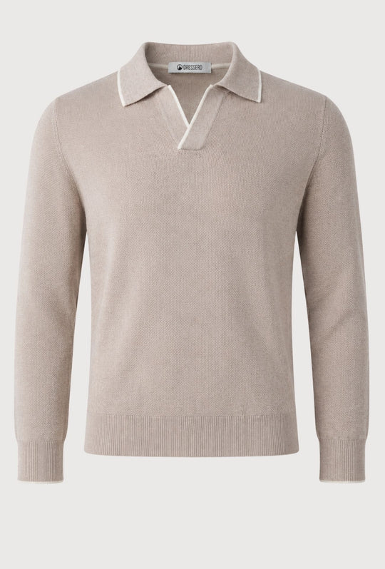 Polo Uomo DRESSERD Manica Lunga in Maglia a Trama Lavorata con Colletto e Riga Panna a Contrasto- SABBIA
