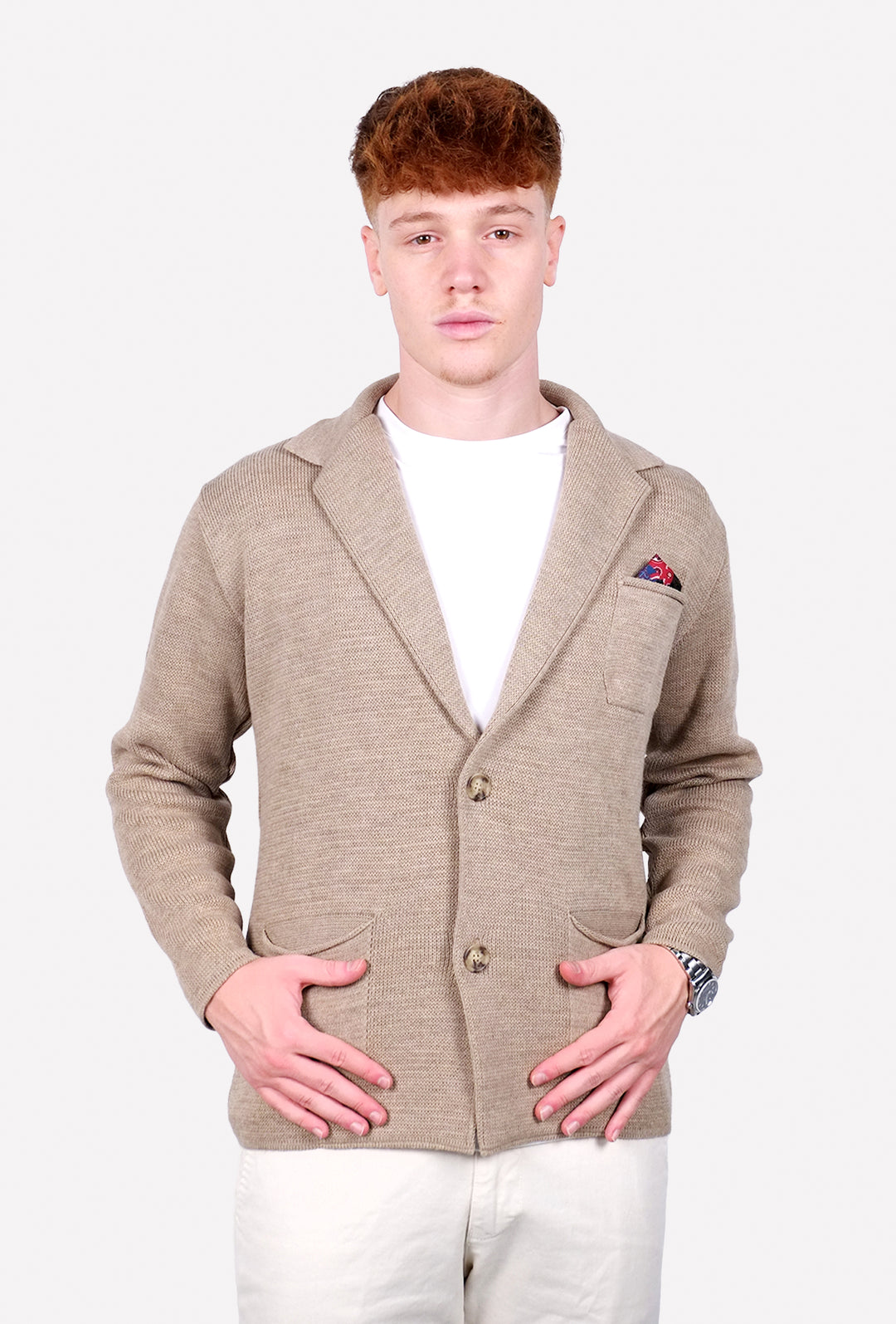 Cardigan Uomo Maglione Uomo manica Lunga Tinta Unita Giacca Maglia Dresserd - BEIGE