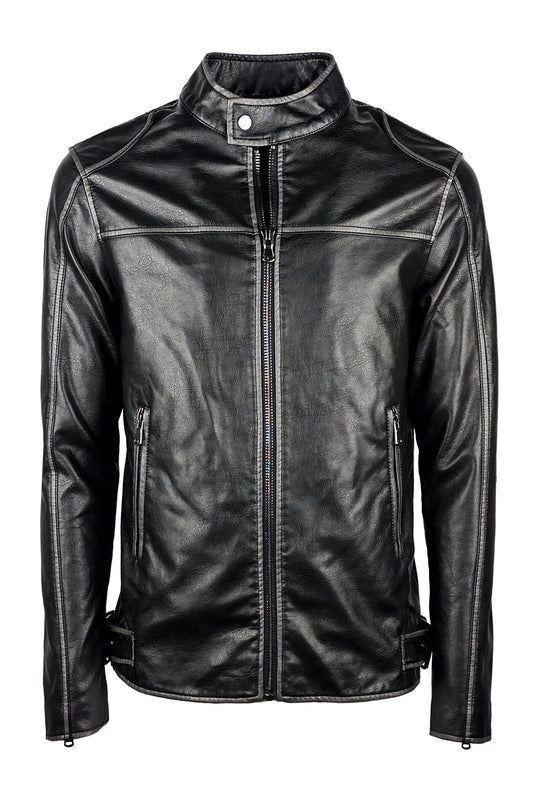 Giubbotto Uomo Simil pelle collo Coreano Oversize effetto vintage - NERO