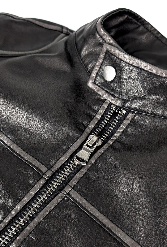 Giubbotto Uomo Simil pelle collo Coreano Oversize effetto vintage - NERO