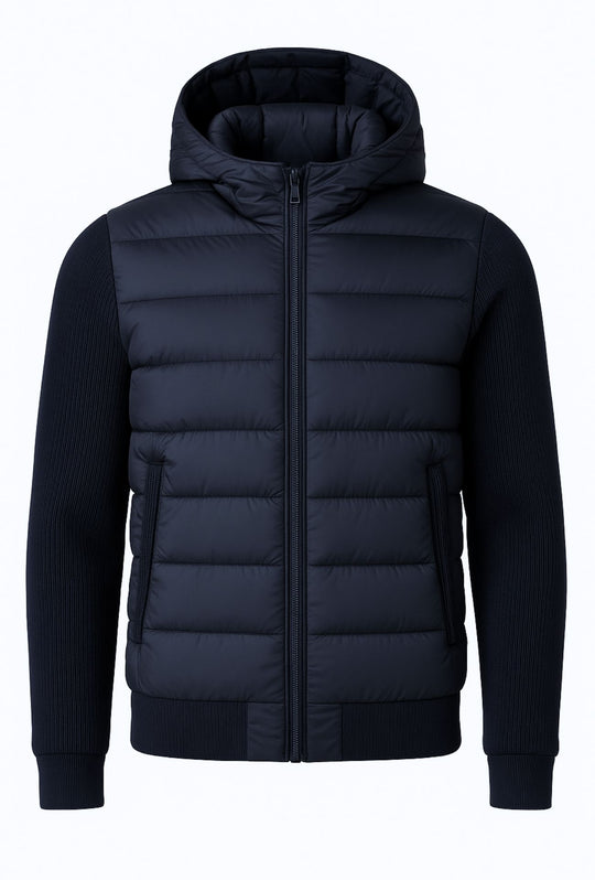 Giubbotto invernale con cappuccio smontabile maniche in tessuto - BLU