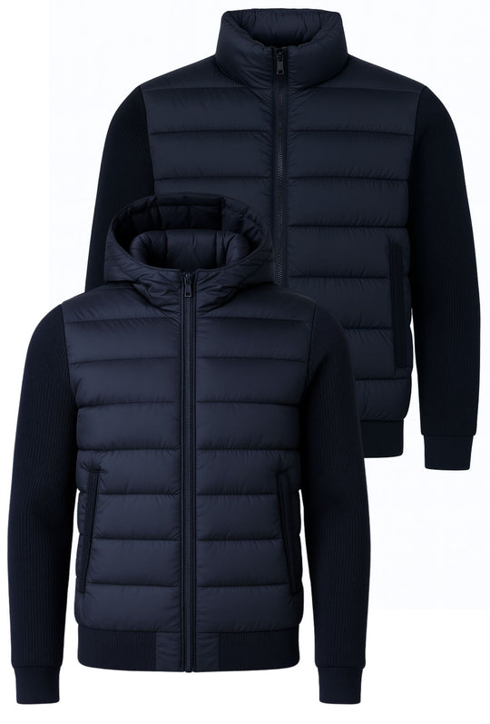 Giubbotto invernale con cappuccio smontabile maniche in tessuto - BLU