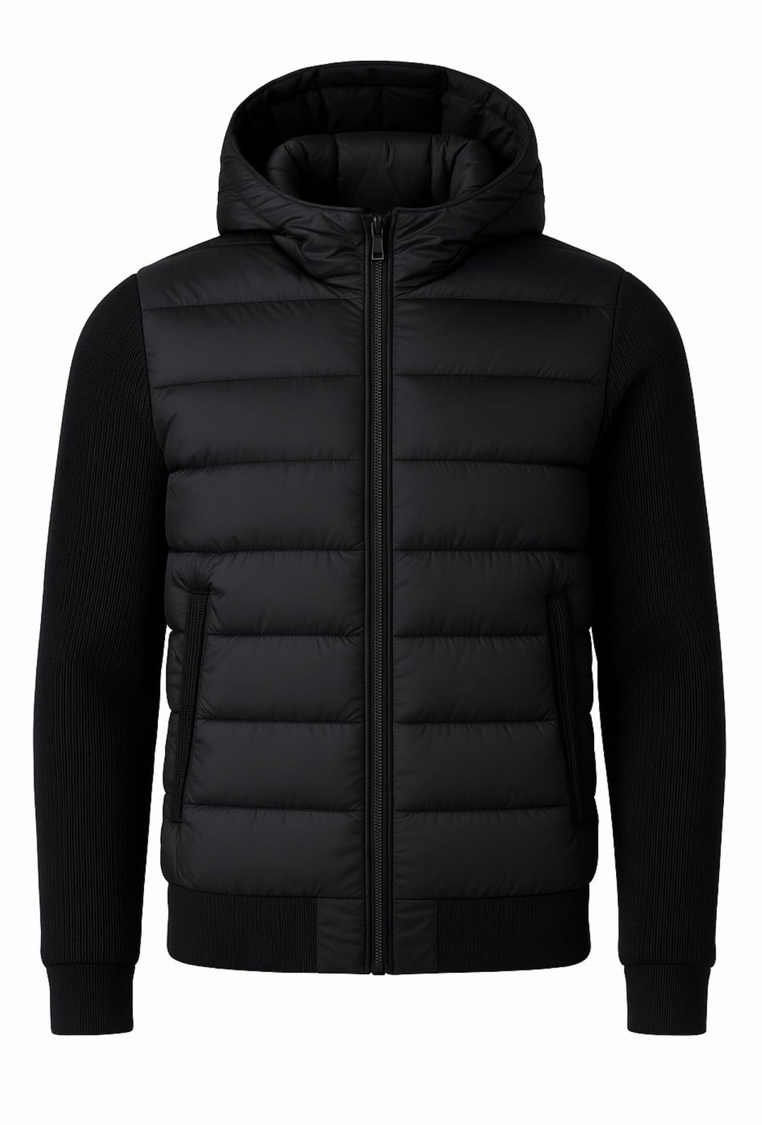 Giubbotto invernale con cappuccio smontabile maniche in tessuto - NERO