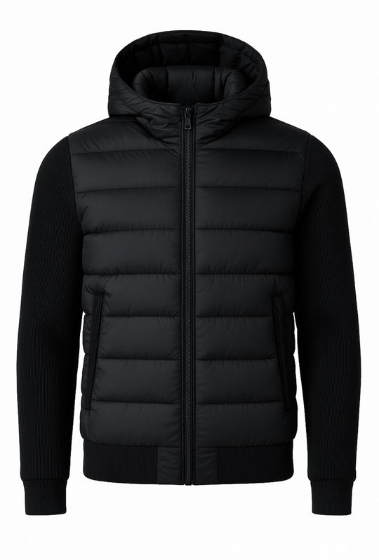 Giubbotto invernale con cappuccio smontabile maniche in tessuto - NERO