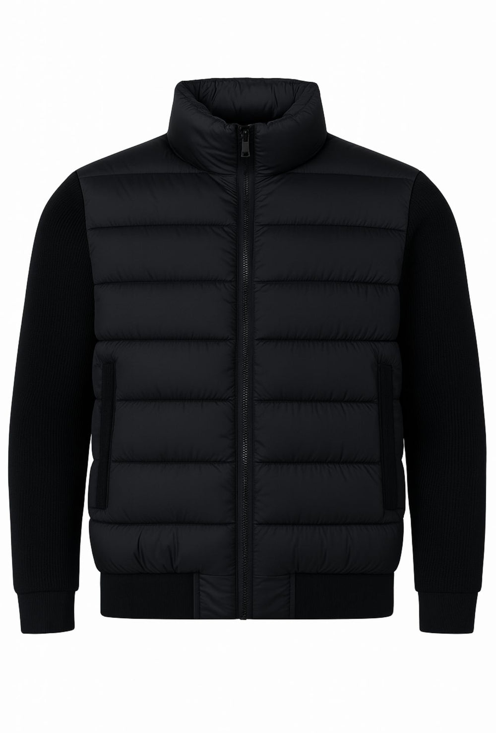 Giubbotto invernale con cappuccio smontabile maniche in tessuto - NERO