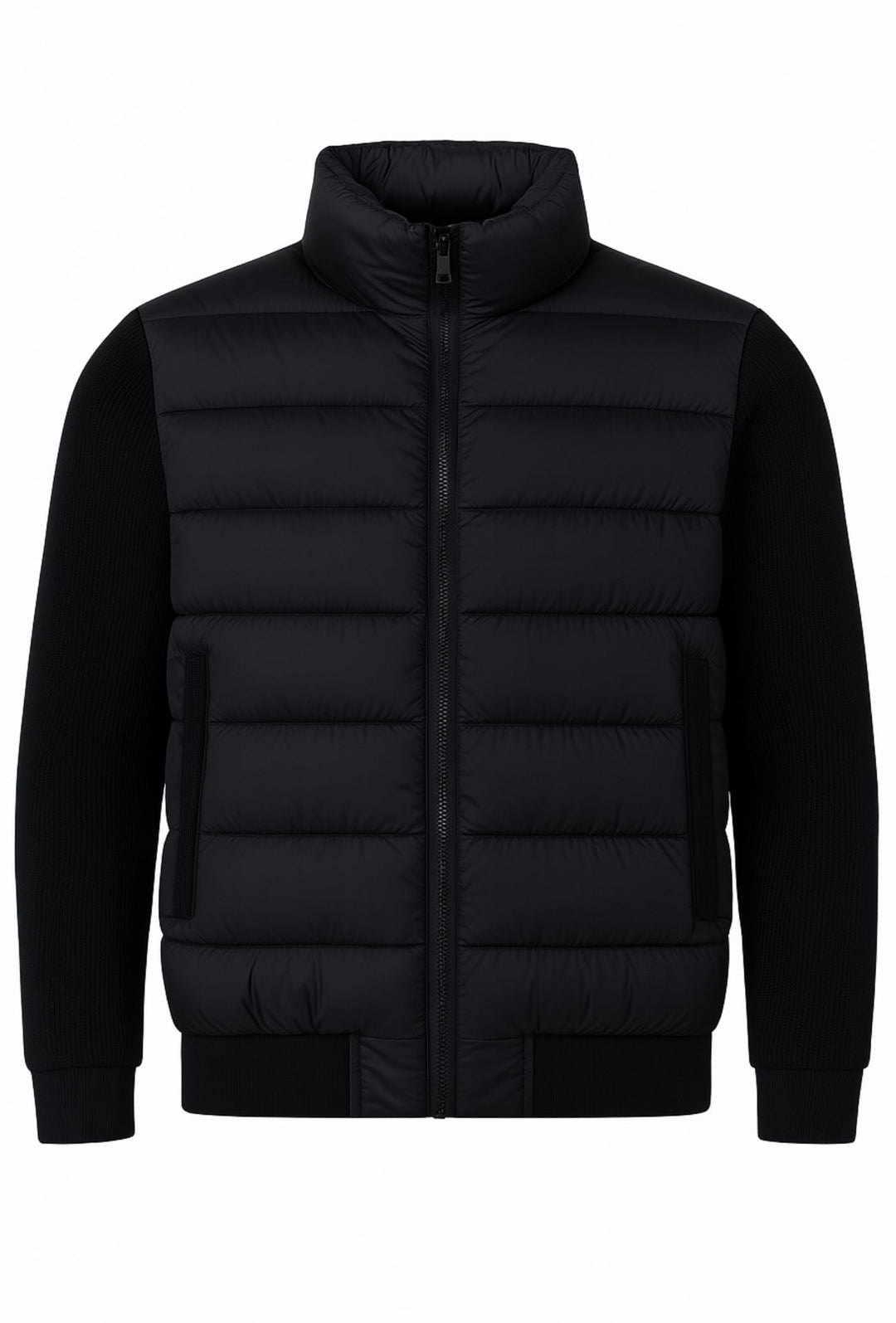 Giubbotto invernale con cappuccio smontabile maniche in tessuto - NERO