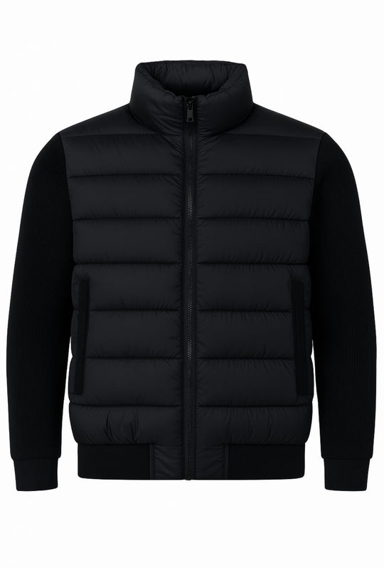 Giubbotto invernale con cappuccio smontabile maniche in tessuto - NERO