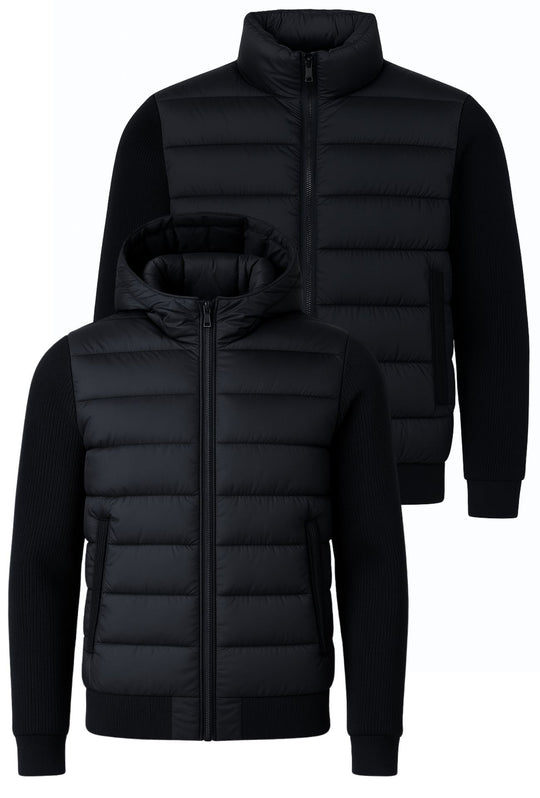 Giubbotto invernale con cappuccio smontabile maniche in tessuto - NERO