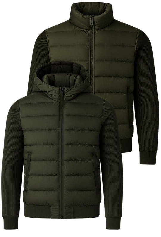 Giubbotto invernale con cappuccio smontabile maniche in tessuto - VERDE MILITARE