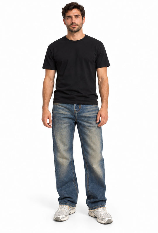 Jeans uomo Baggy effetto vintage Vestibilità Over Fondo Ampio Sfrangiato-  BLU VINTAGE