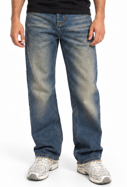Jeans uomo Baggy effetto vintage Vestibilità Over Fondo Ampio Sfrangiato-  BLU VINTAGE