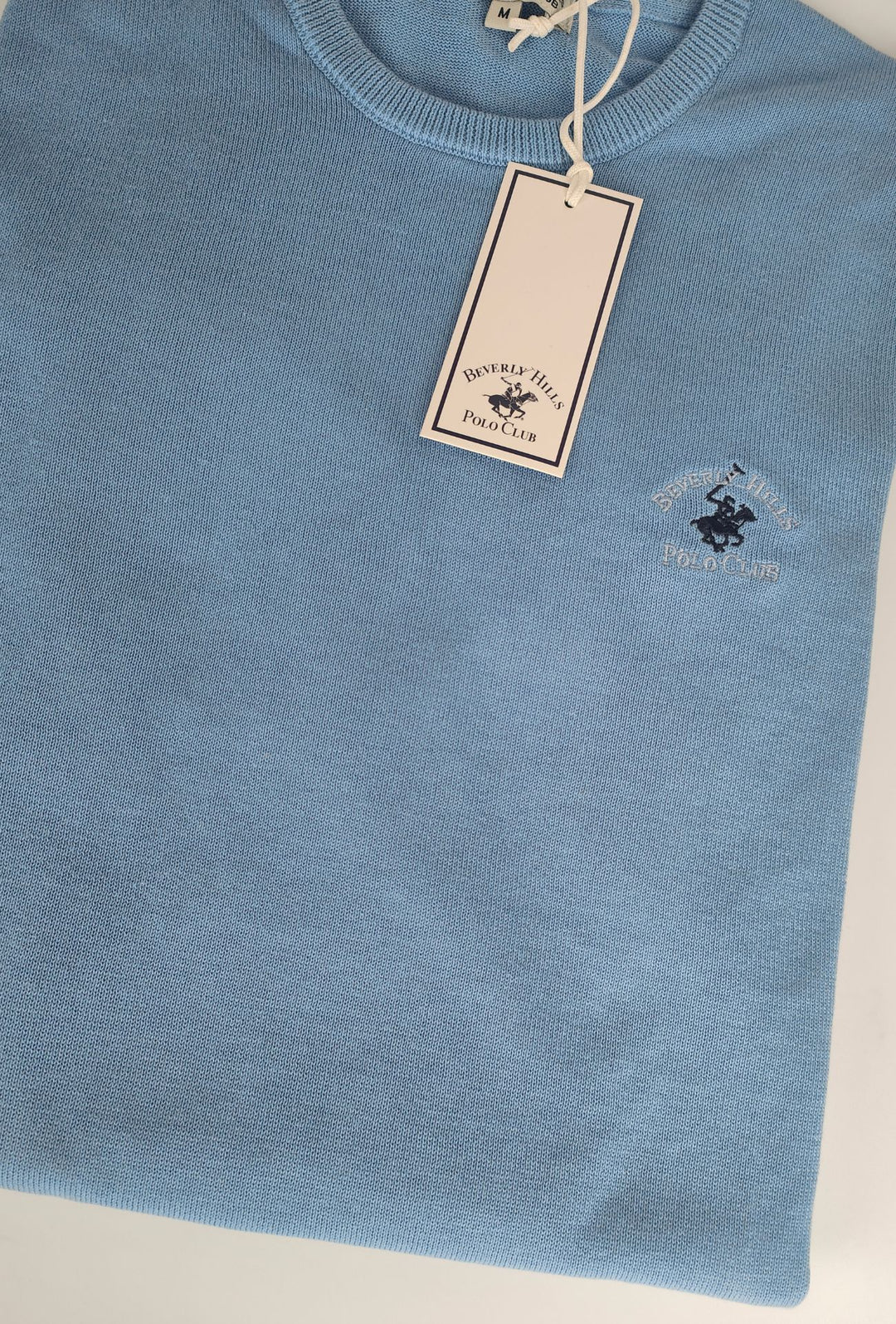 Maglioncino Uomo 100% cotone BEVERLY HILLS POLO CLUB logo ricamato lato cuore- CELESTE