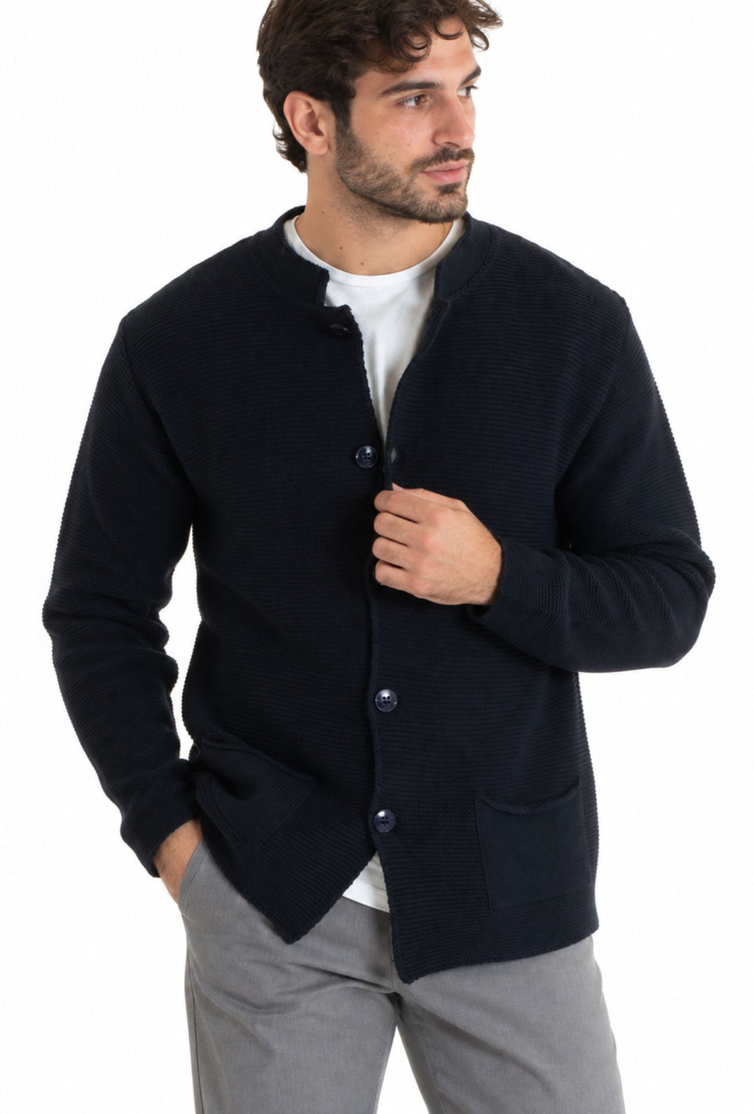 Cardigan uomo invernale con bottoni e tasche Made In Italy- BLU NAVY