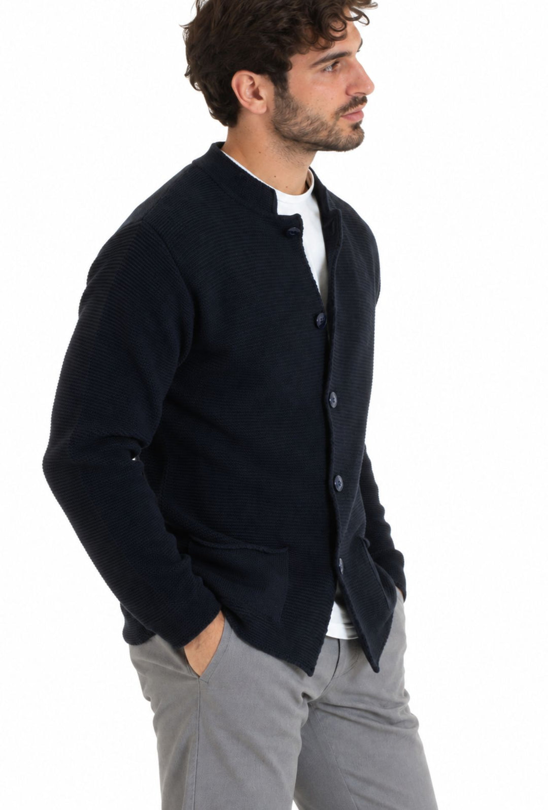 Cardigan uomo invernale con bottoni e tasche Made In Italy- BLU NAVY