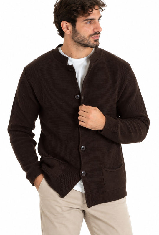 Cardigan uomo invernale con bottoni e tasche Made In Italy- MORO