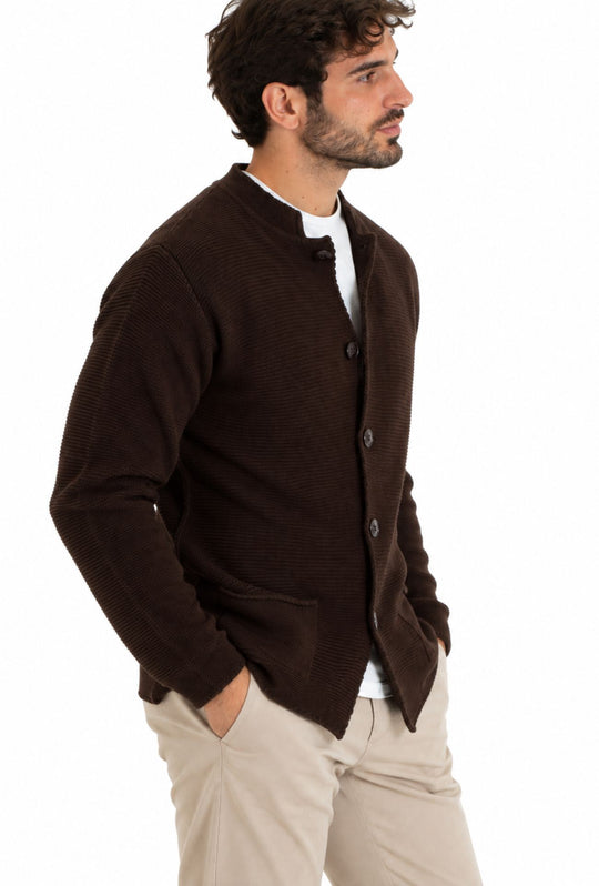 Cardigan uomo invernale con bottoni e tasche Made In Italy- MORO