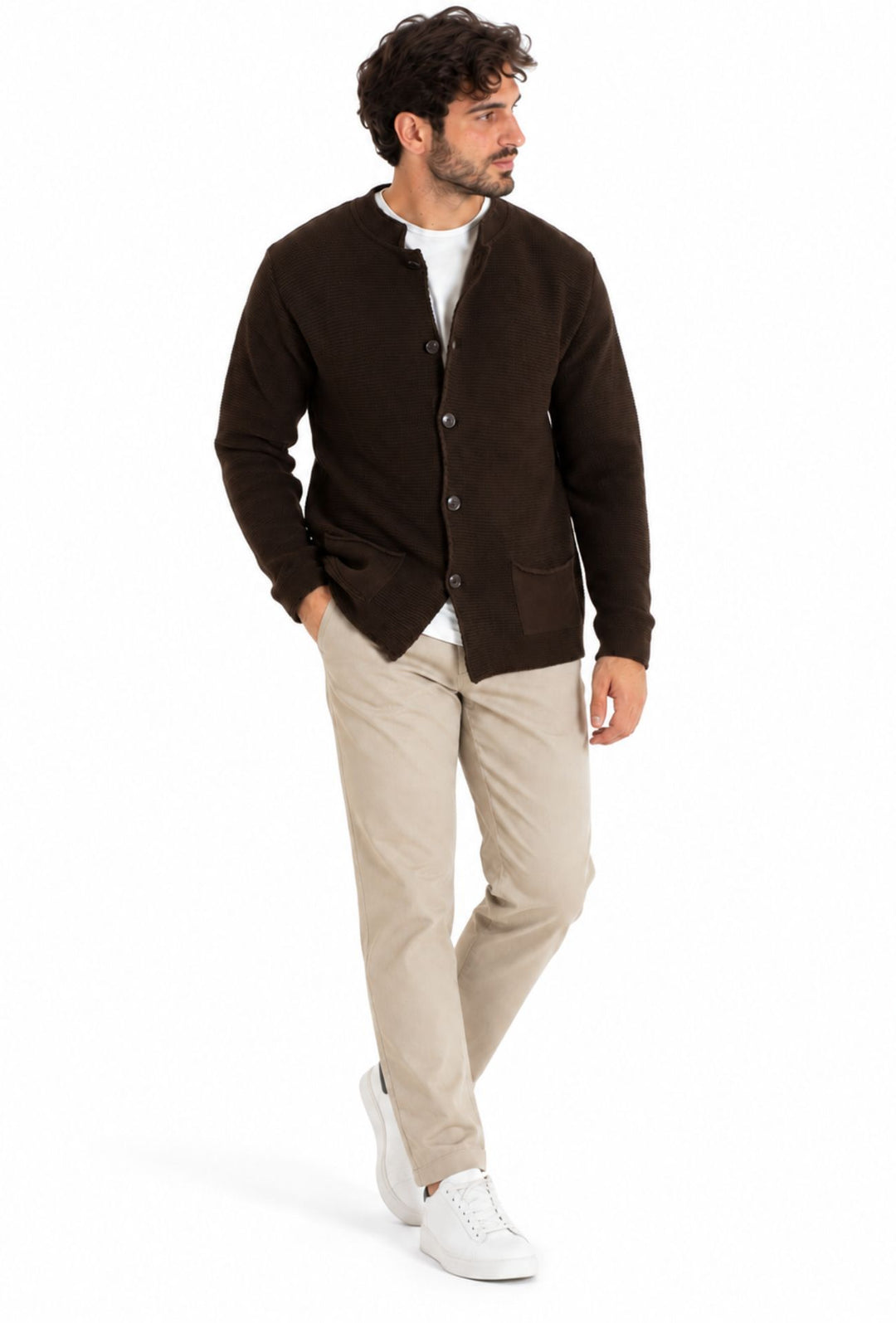 Cardigan uomo invernale con bottoni e tasche Made In Italy- MORO