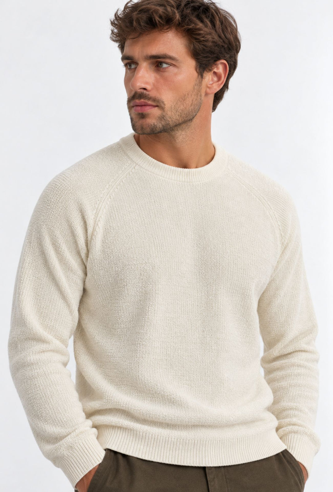 Pullover Uomo Girocollo in Morbida Ciniglia Maniche Lunghe- BIANCO