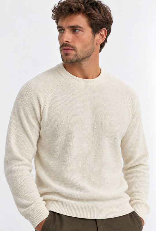 Pullover Uomo Girocollo in Morbida Ciniglia Maniche Lunghe- BIANCO